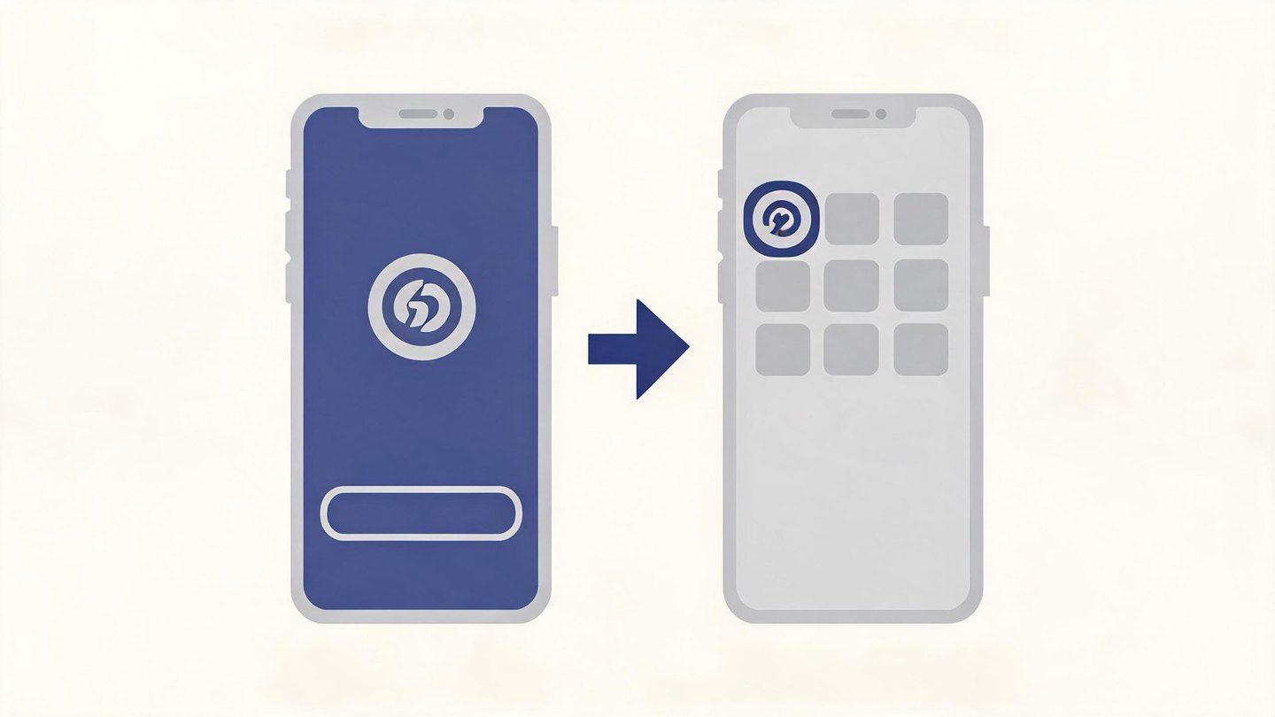 Illustration of a mobile landing page leading to a home screen app install on two device paths