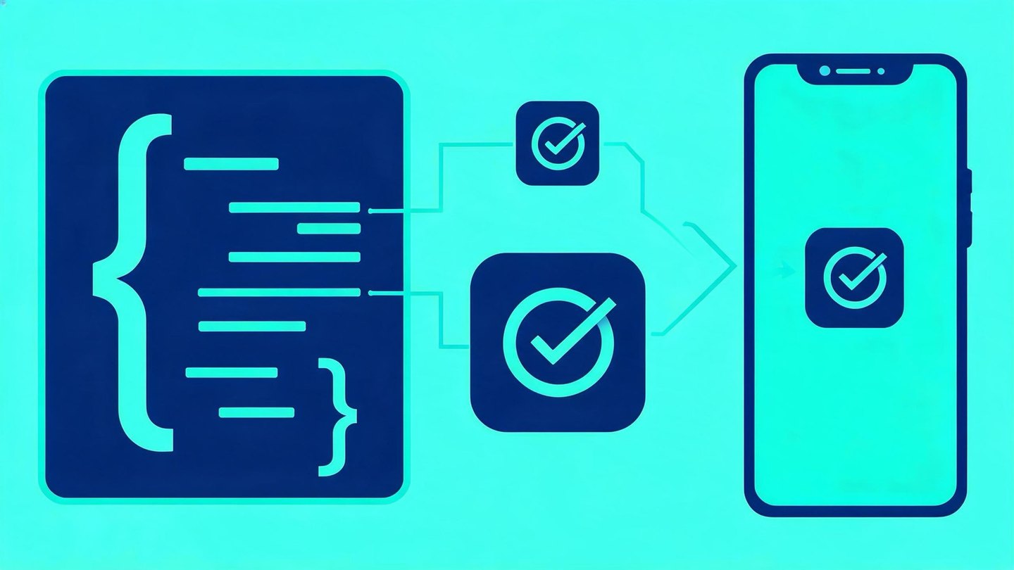 Illustration of a web app manifest file linked to app icons and a phone home screen install