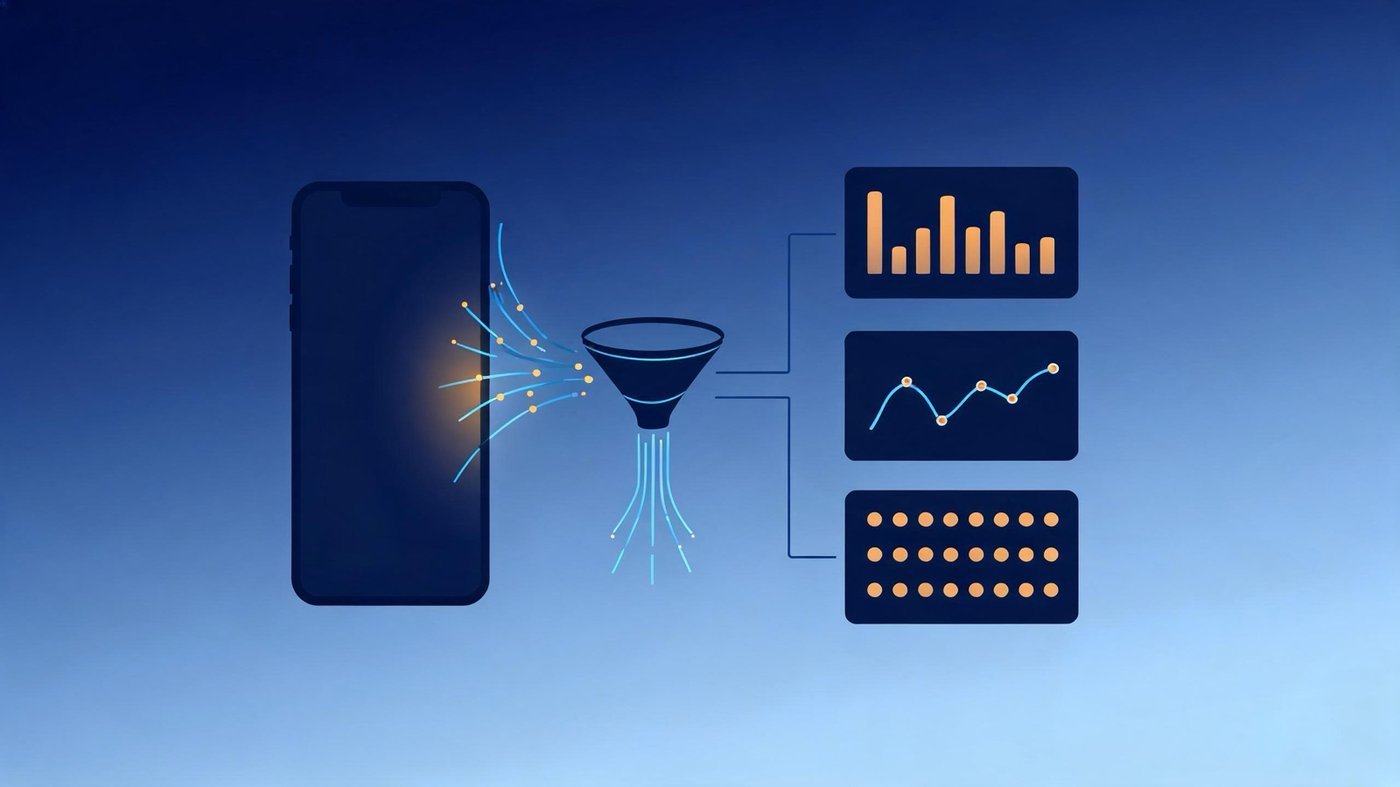 Illustration of mobile app attribution data flowing from a smartphone to analytics dashboards