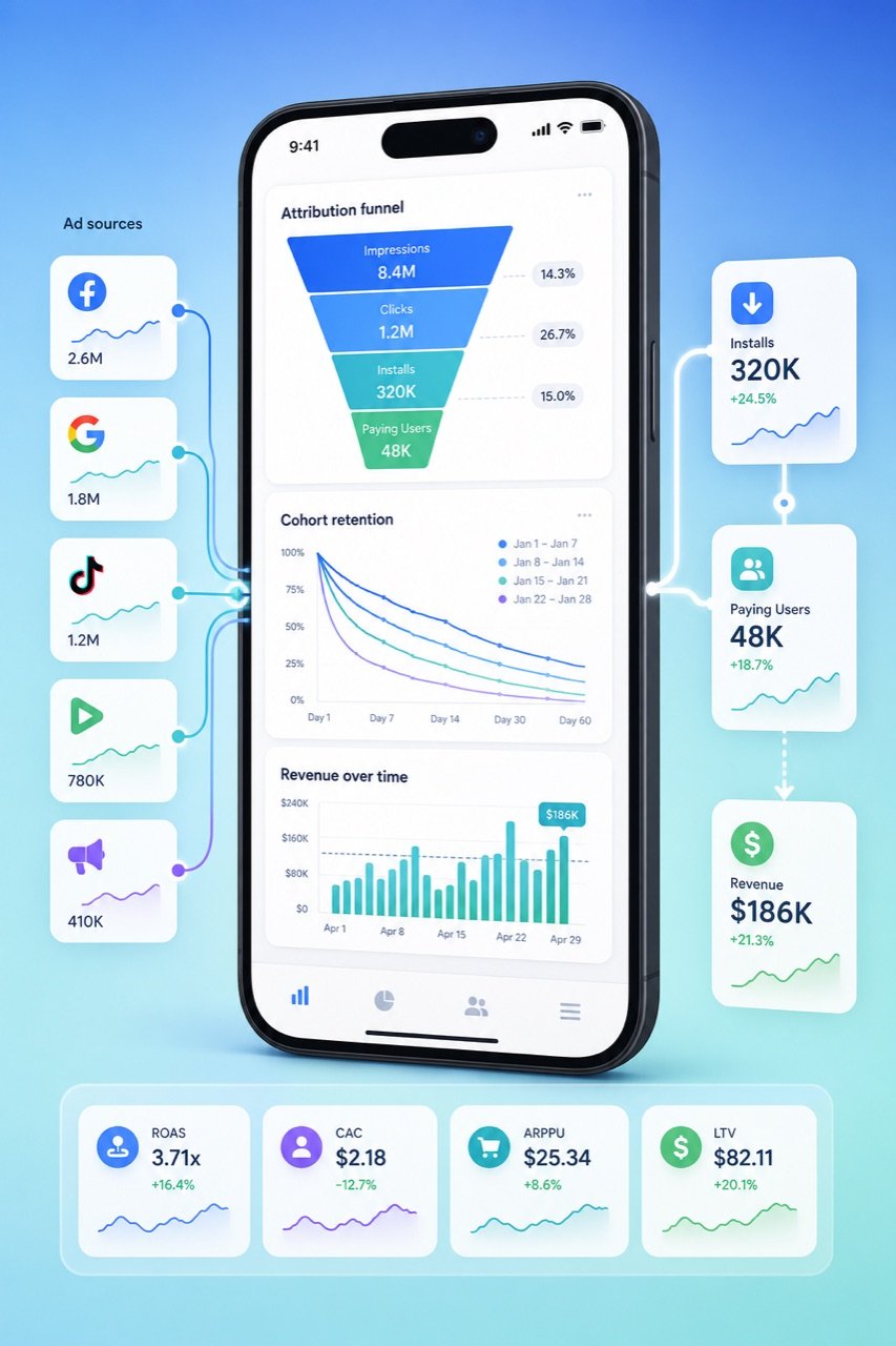Mobile attribution analytics dashboard showing CPI, ROAS, retention cohorts and LTV metrics by source