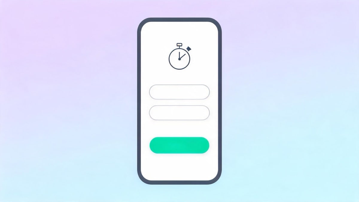 Illustration of a mobile landing page with one call to action button, a two-field form and a stopwatch icon for speed