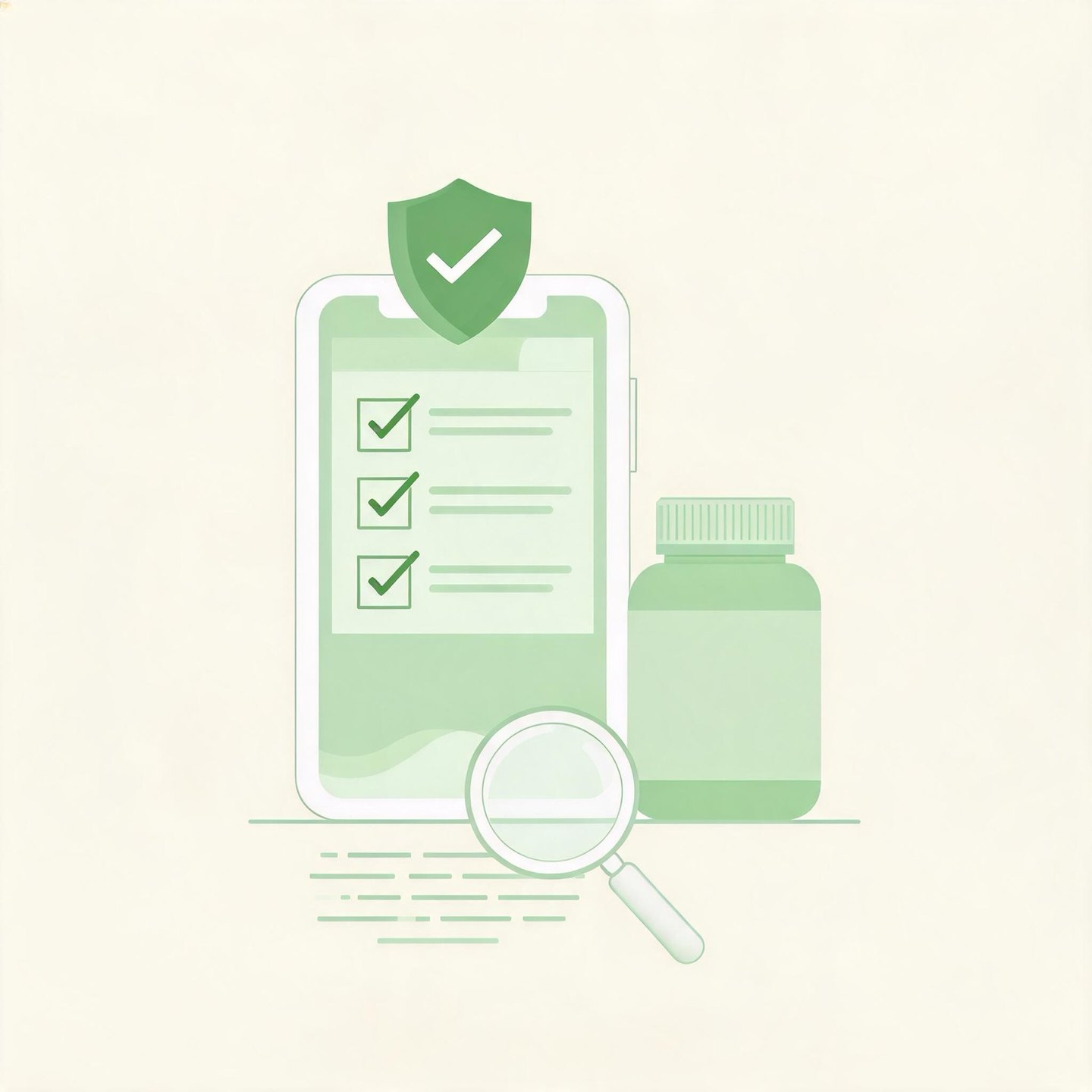 Checklist on a phone screen next to a supplement bottle, illustrating landing page compliance review
