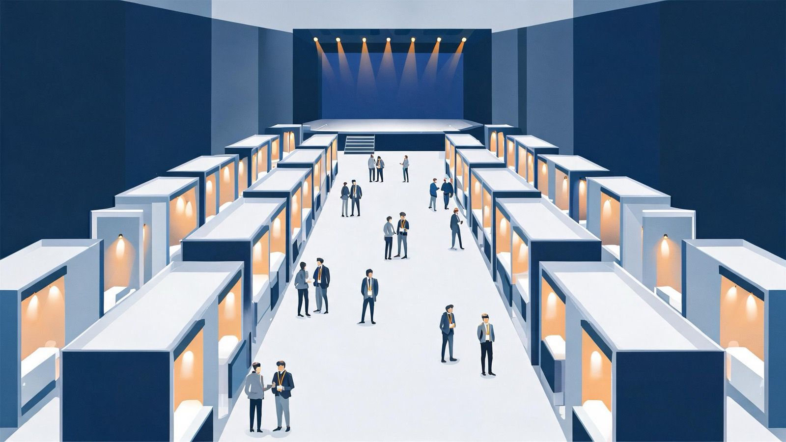 Isometric illustration of a performance marketing conference hall with exhibition booths and attendees talking in the aisles