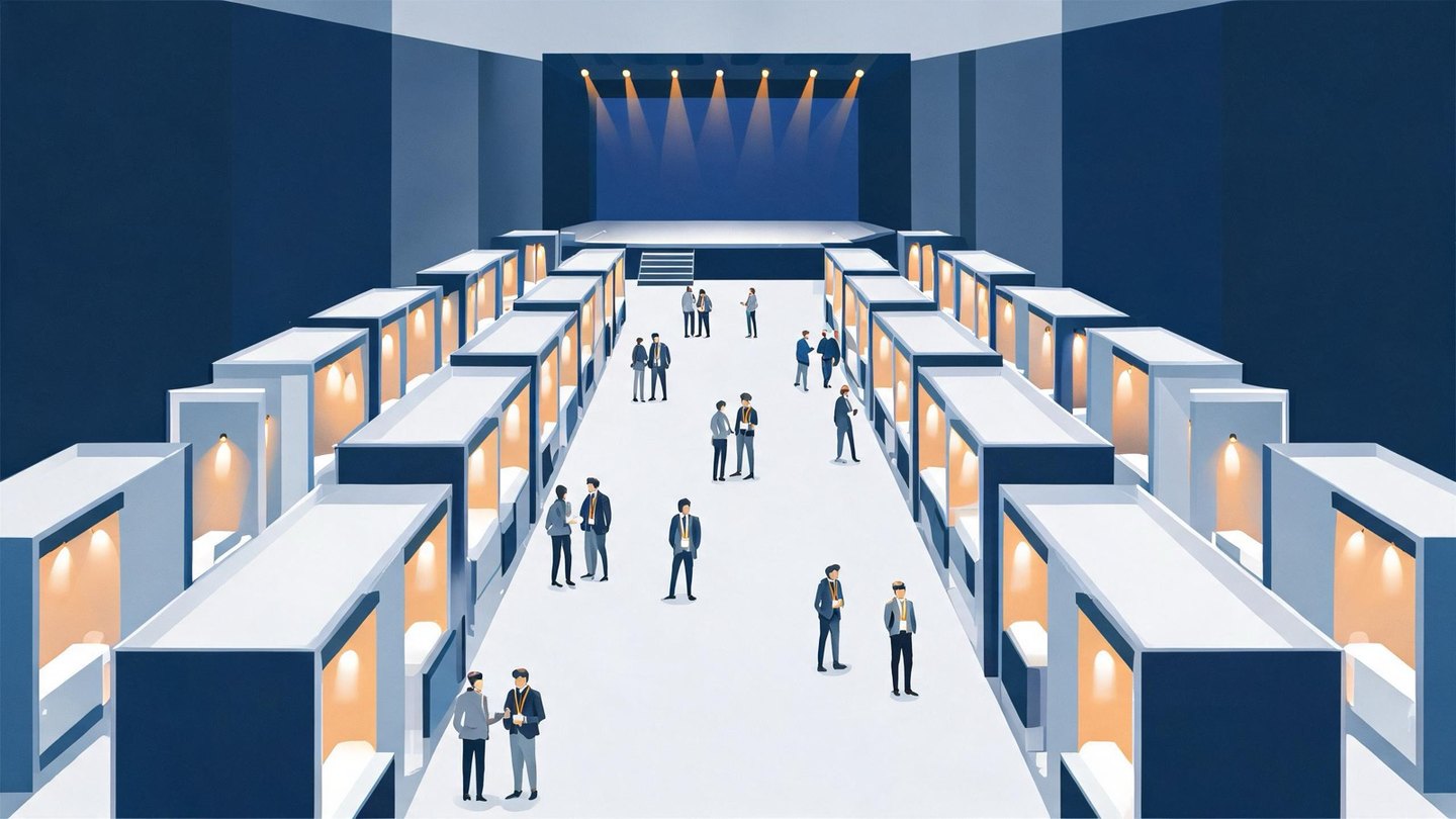 Isometric illustration of a performance marketing conference hall with exhibition booths and attendees talking in the aisles