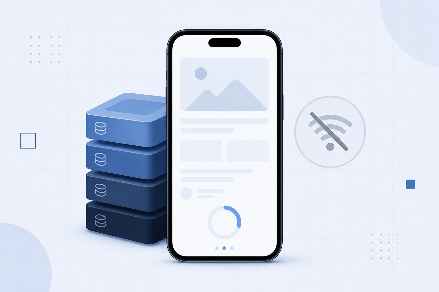 Smartphone rendering an app interface while the network signal is unavailable, with cached data blocks behind it