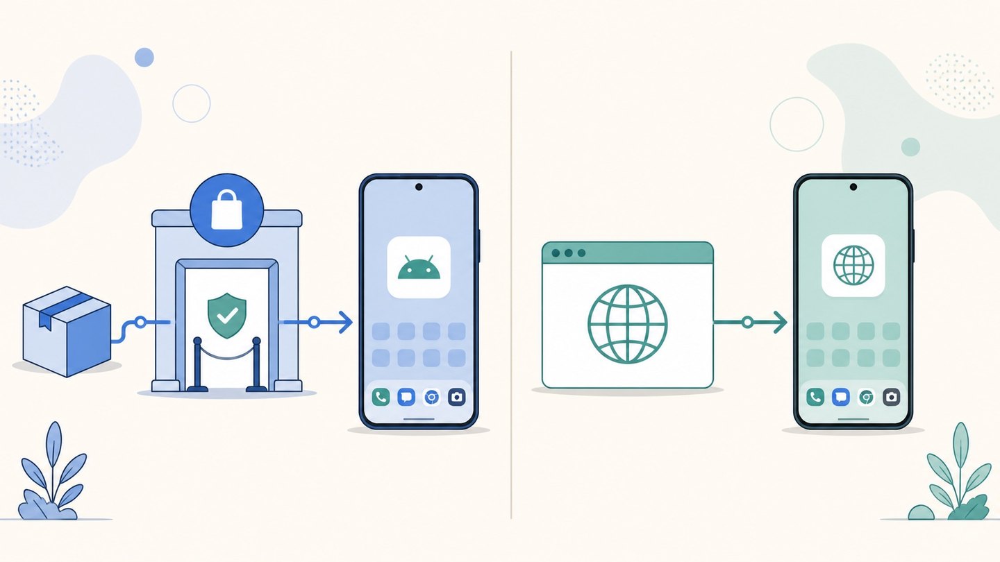 Split illustration comparing APK distribution through an app store checkpoint with direct PWA installation from a browser onto an Android phone