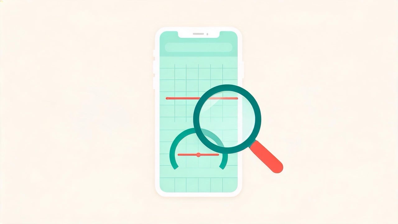 Smartphone ad dashboard with a flat spend line under a magnifying glass