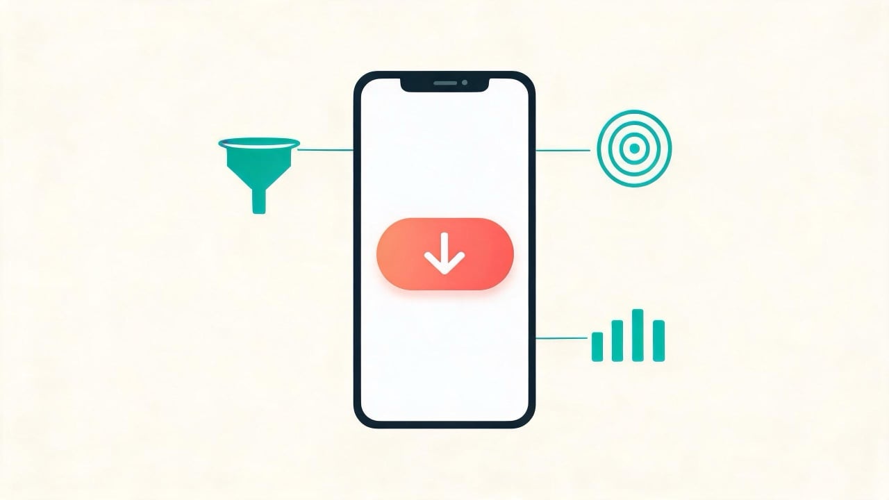 Smartphone with an app download button linked to funnel, target and analytics icons