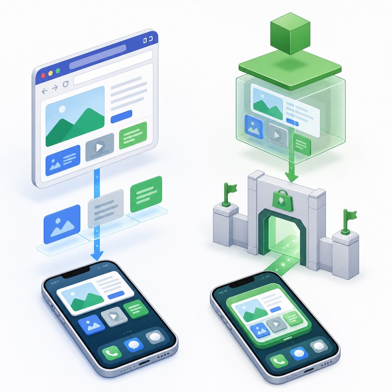 Isometric comparison of PWA browser install versus TWA store-packaged distribution