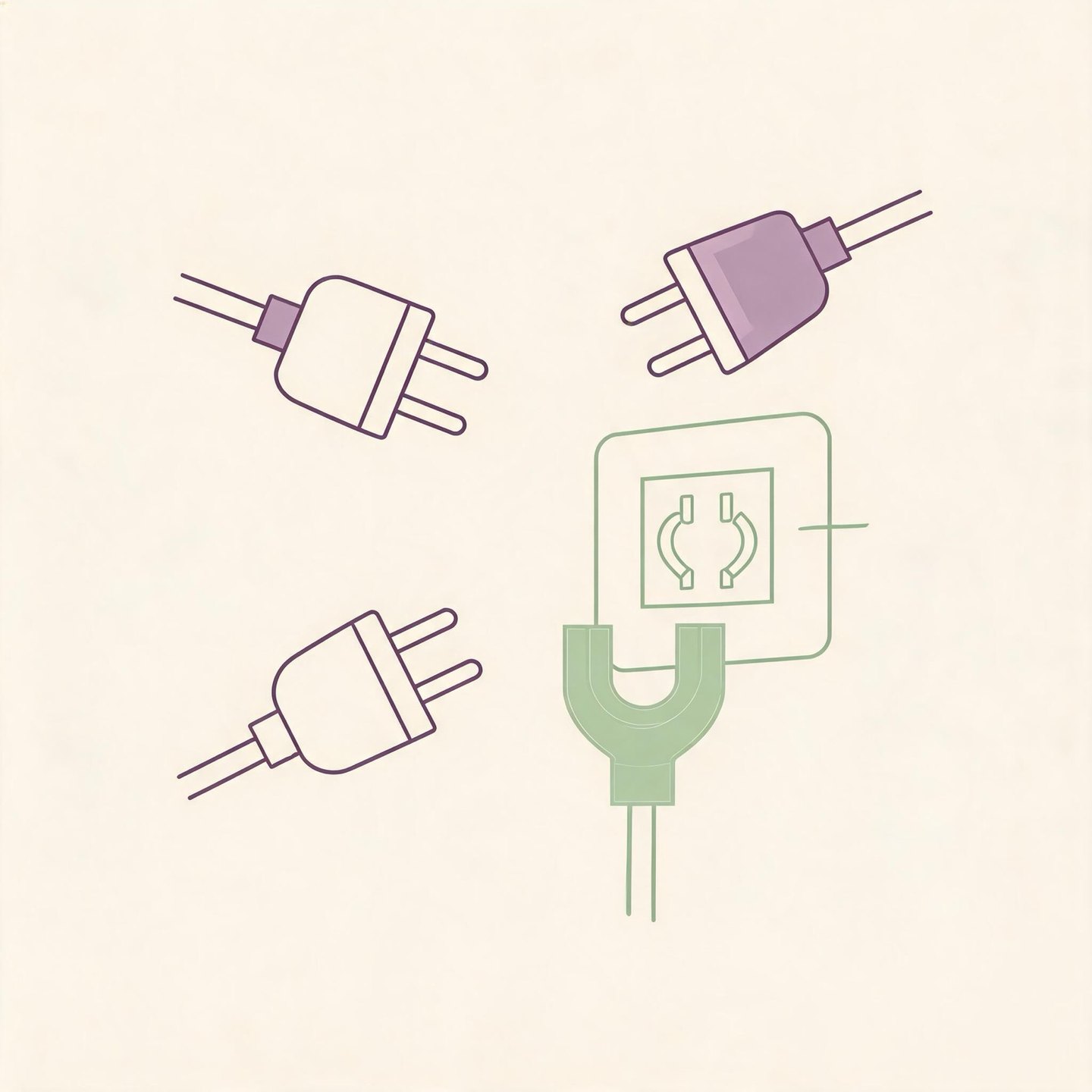 Abstract illustration of four differently shaped connectors approaching one socket, only one fitting