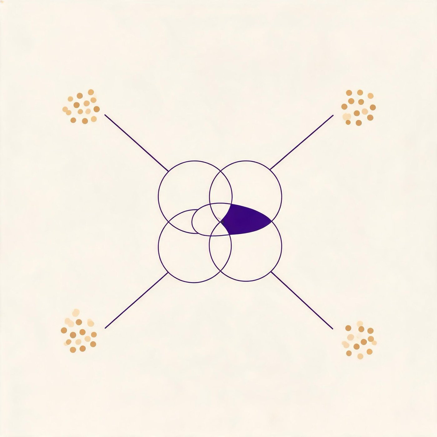 Abstract illustration of four groups of dots feeding into one overlapping cluster with a highlighted segment