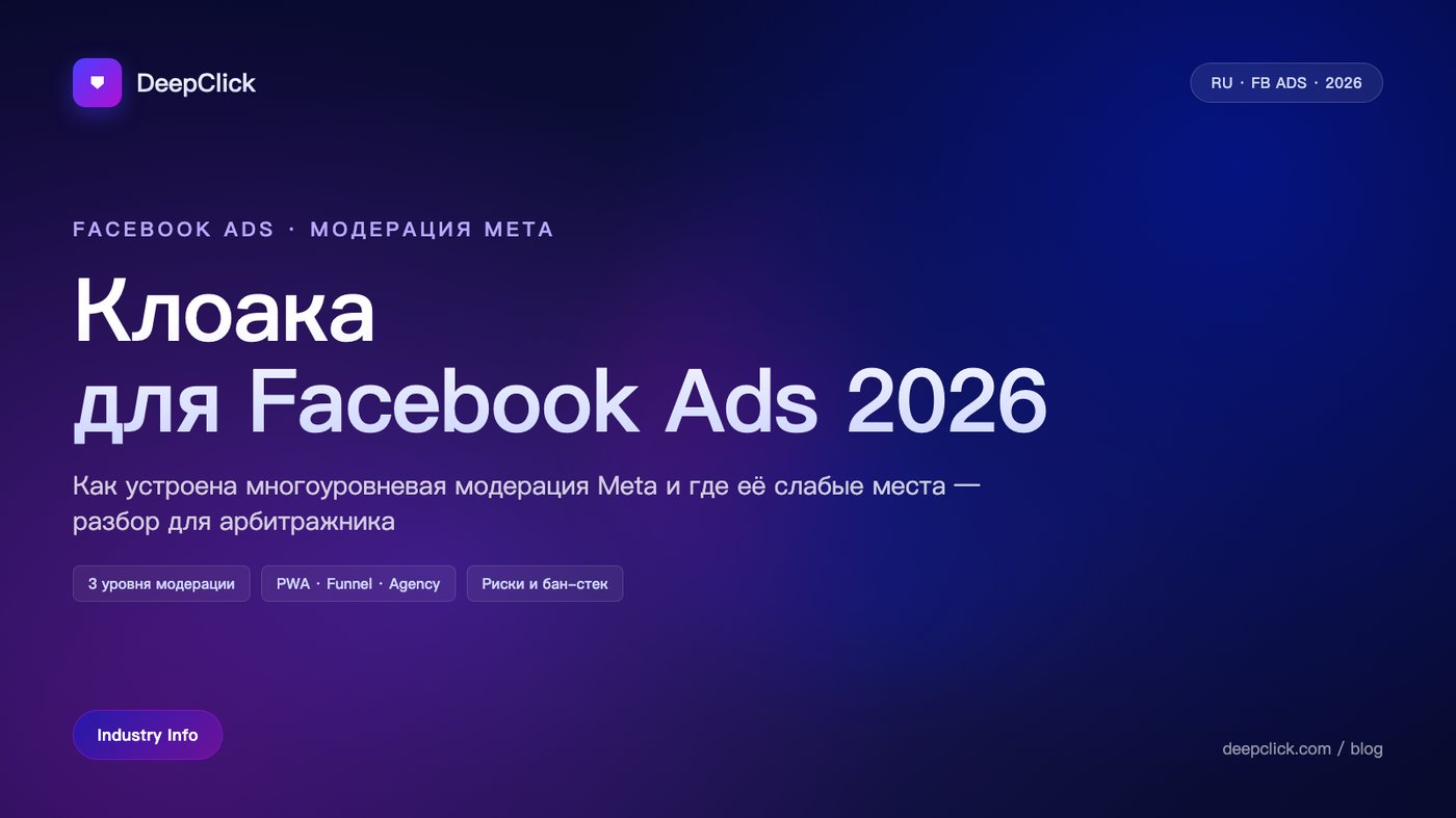 Обложка статьи: клоака для Facebook Ads в 2026 — модерация Meta, риски и место клоаки в стеке арбитражника