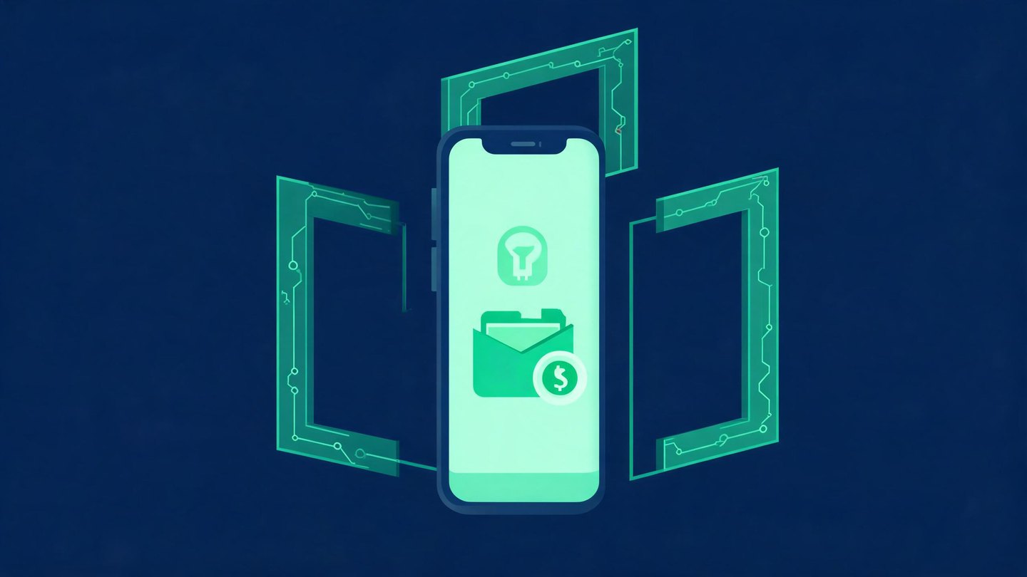 Abstract illustration of a crypto wallet app passing through app store, ad platform and licensing gates