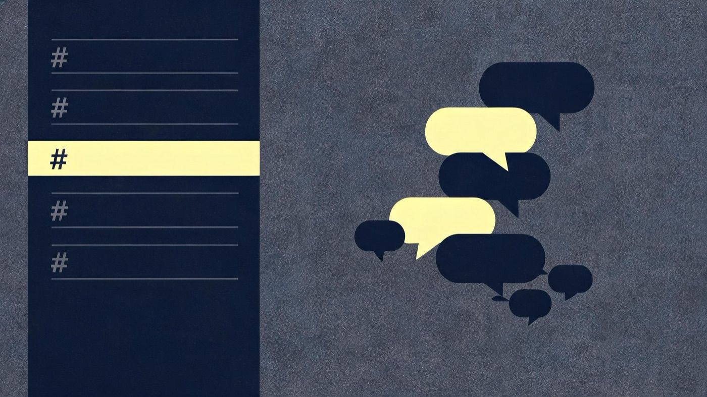 Abstract illustration of a chat server: a channel list panel beside overlapping speech bubbles, one branching into a thread