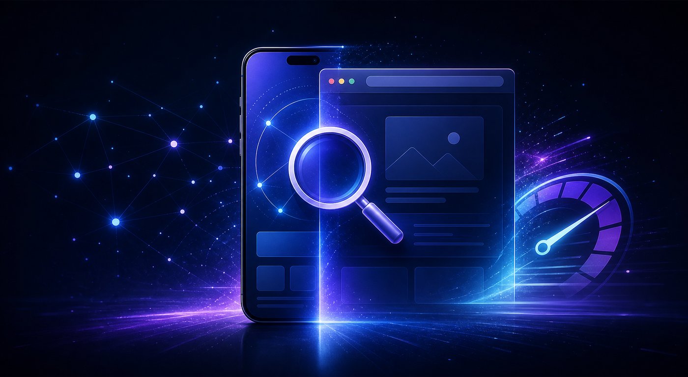Abstract illustration of SEO for progressive web apps: smartphone merging with browser, search and network motifs