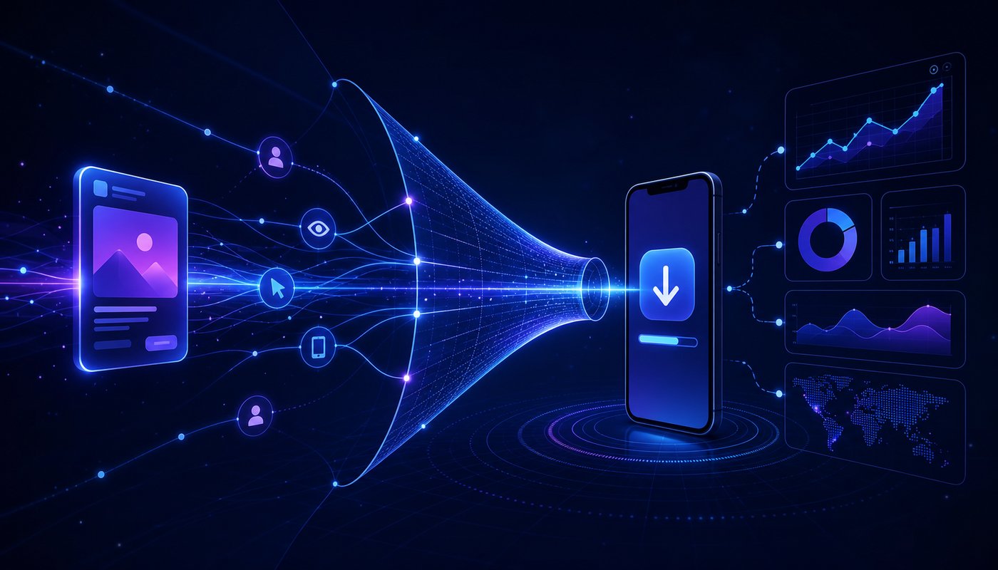 Abstract illustration of mobile ad attribution: flow lines connecting an ad to an app install, funnel and analytics motifs