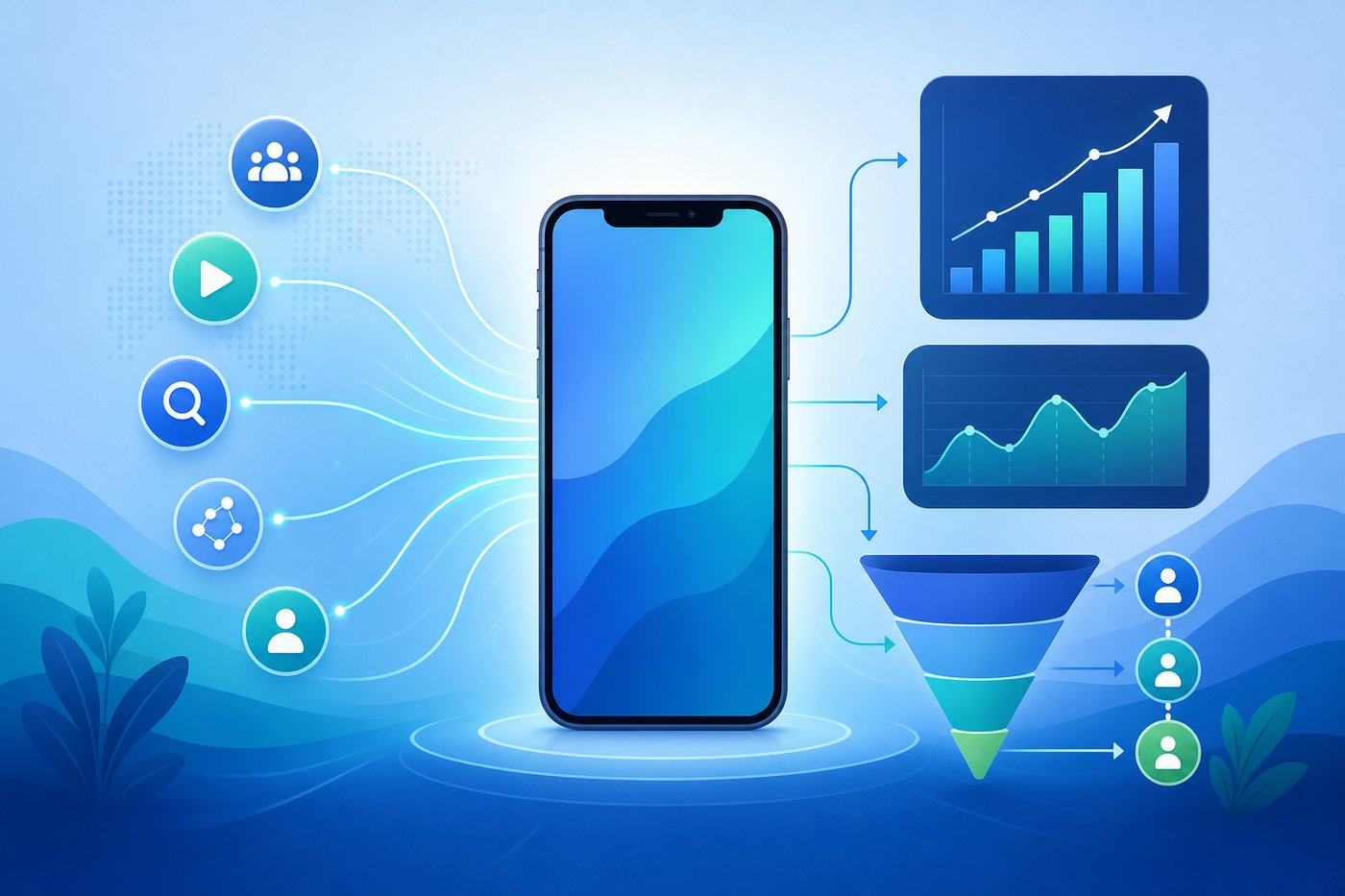Mobile attribution software connecting ad networks to app install and event data on a dashboard