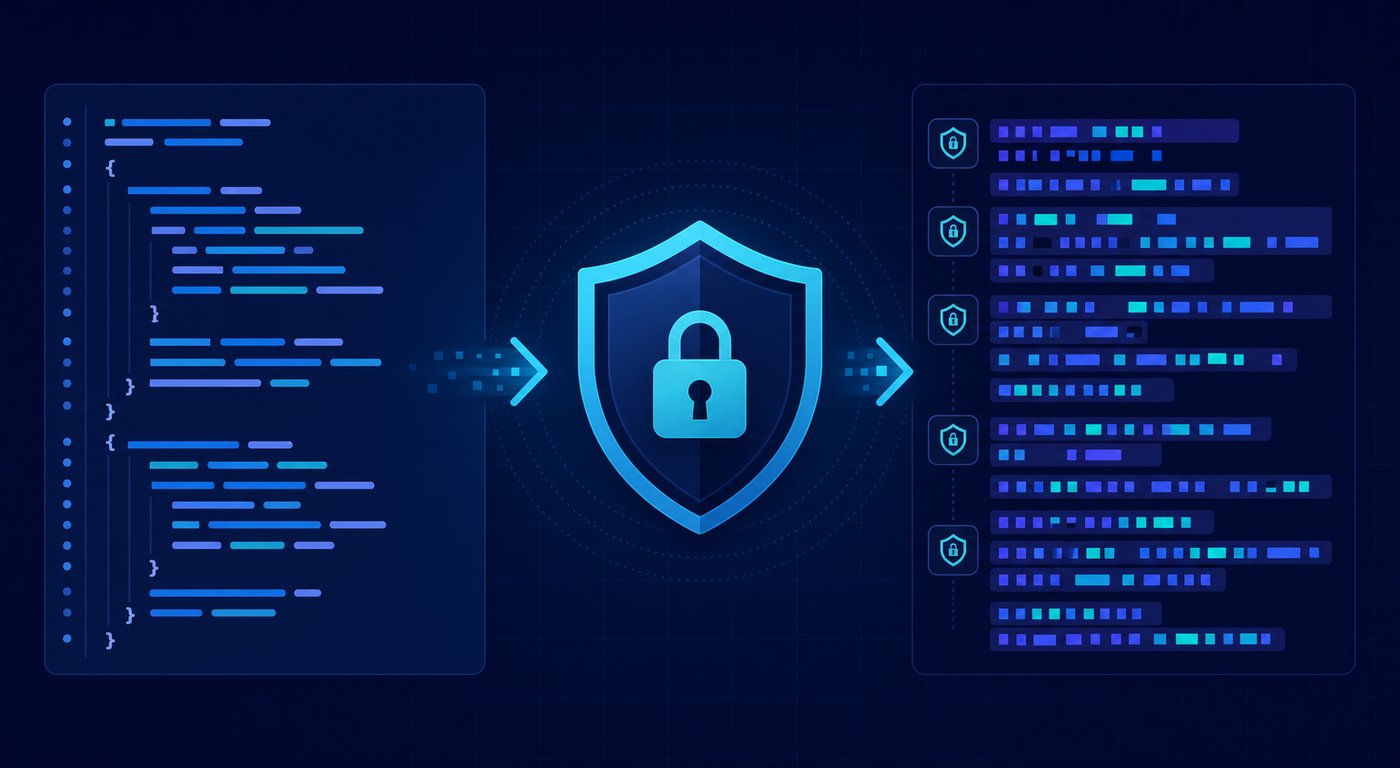 Code obfuscation concept: readable source transforming into protected scrambled blocks behind a shield