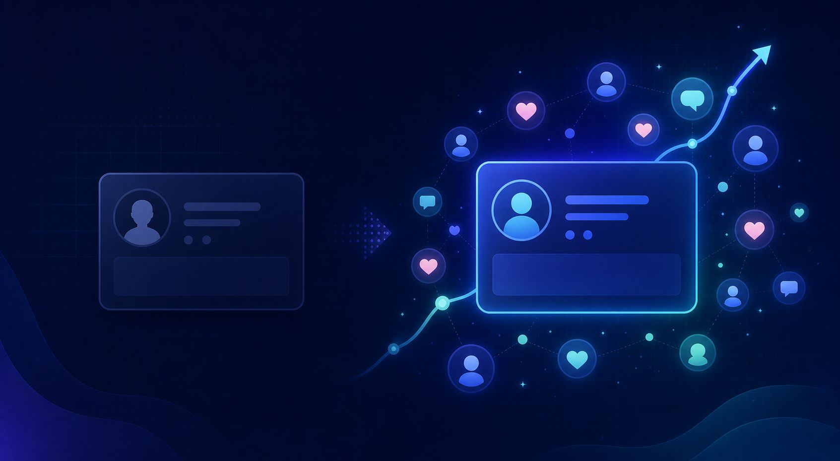 Social proof cold start for cross-border brands — an empty social profile versus one surrounded by engagement signals and a rising trend line