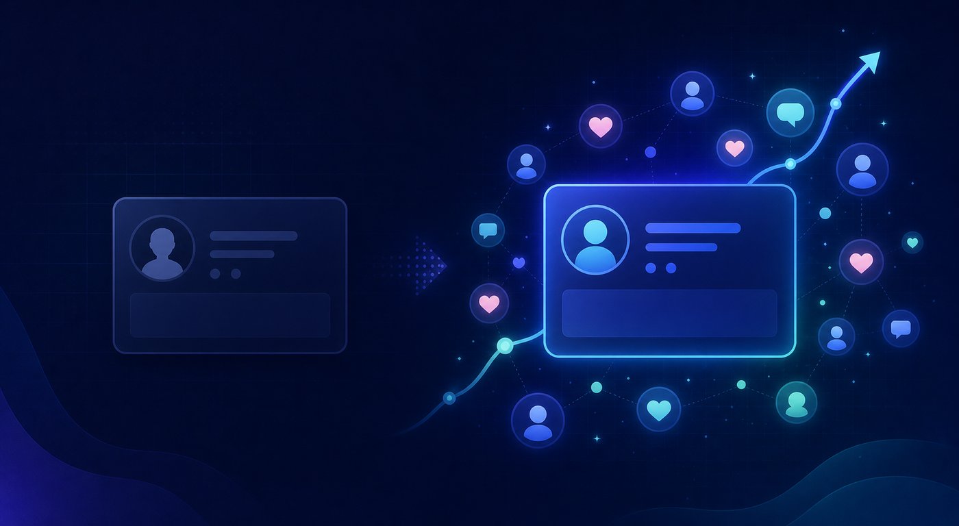 Social proof cold start for cross-border brands — an empty social profile versus one surrounded by engagement signals and a rising trend line