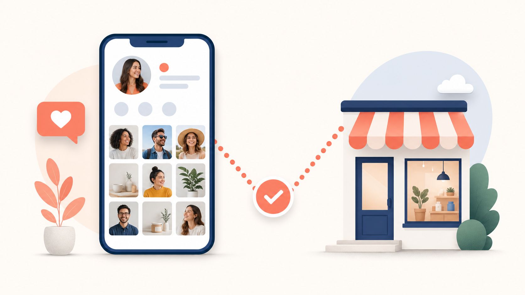 Smartphone showing a social profile beside a storefront icon linked by a verification checkmark, illustrating social proof for ecommerce stores