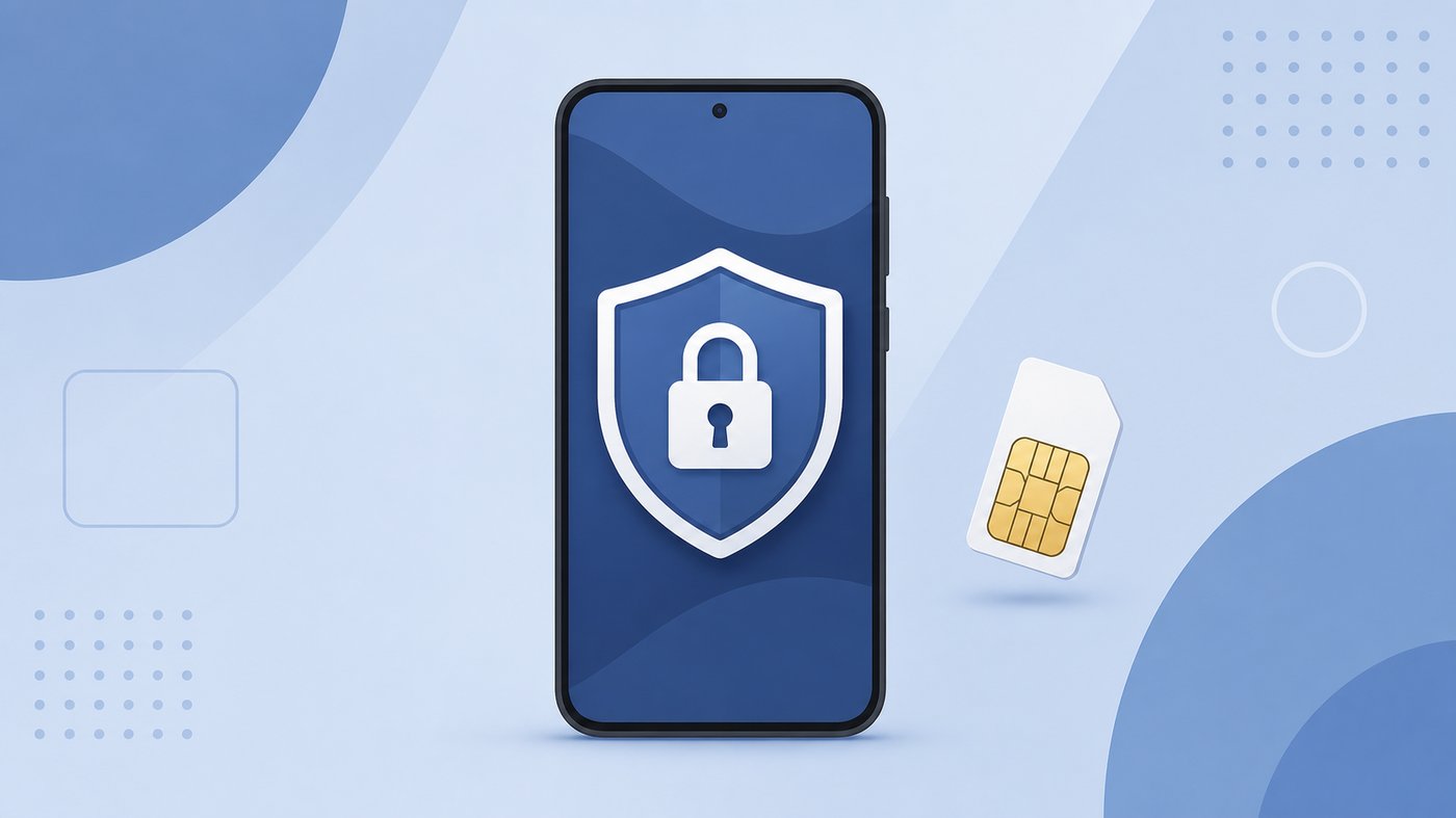 Smartphone with a lock badge next to a disconnected SIM card, showing device-level blocking