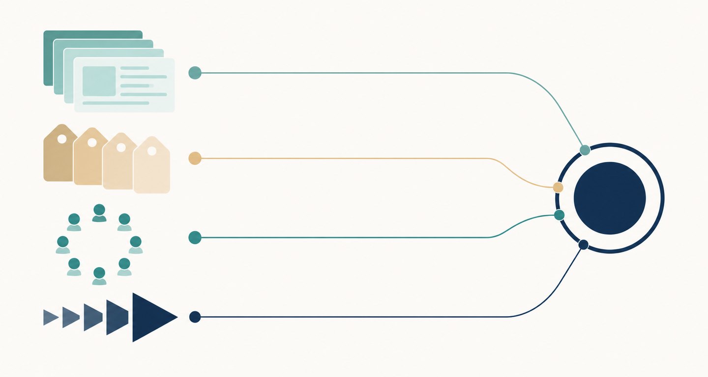 Four differently shaped partner clusters — content cards, price tags, an audience ring, and a traffic funnel — routed by separate lines into a single hub