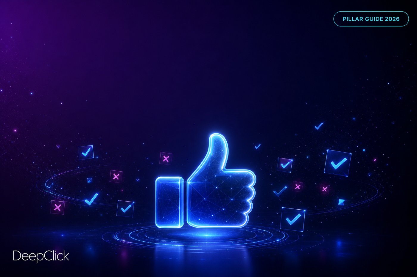 Facebook 广告过审完整指南 hero image: glowing thumbs-up with approval/rejection symbols