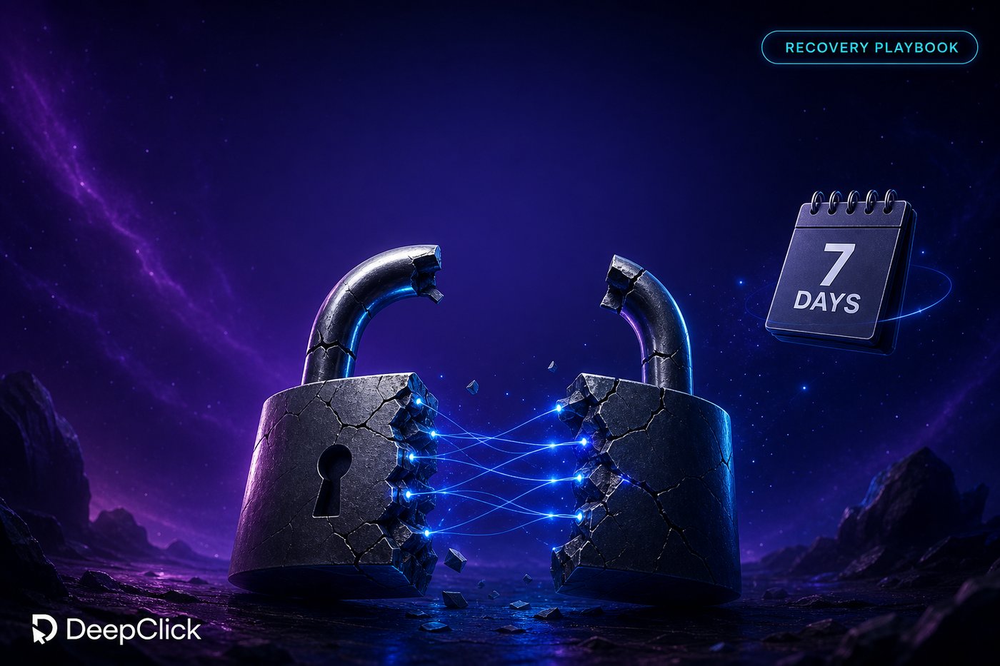账户被封 7 天恢复手册 hero: cracked padlock being reassembled with blue threads