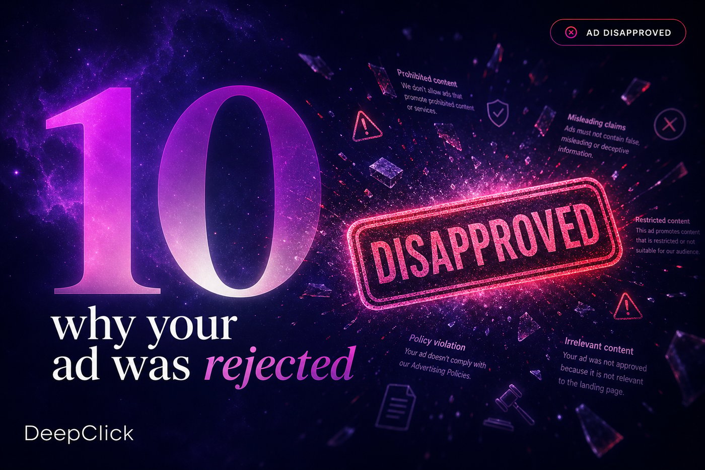 广告为什么被拒 hero: large 10 + DISAPPROVED stamp + policy fragments