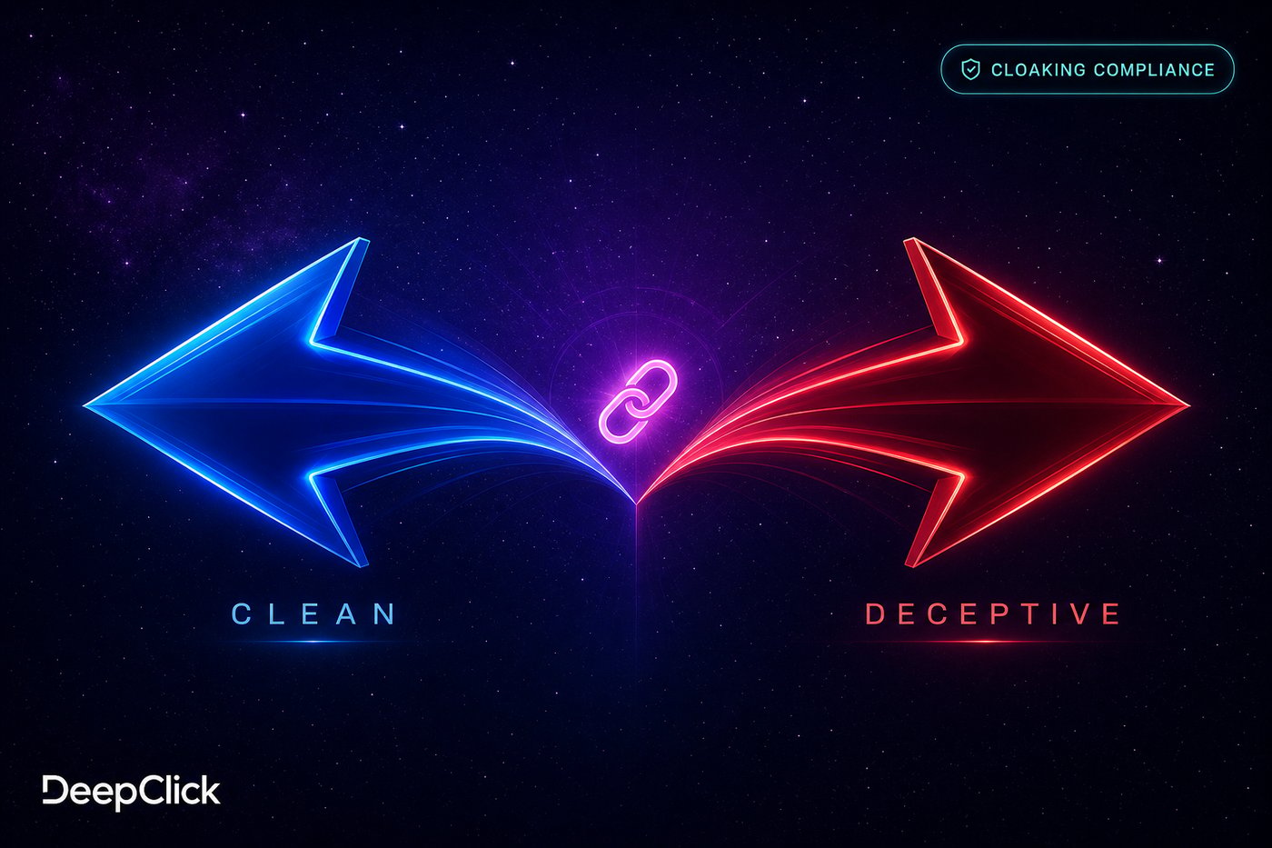 Cloaking 合规边界 hero: blue CLEAN vs red DECEPTIVE arrows from chain link