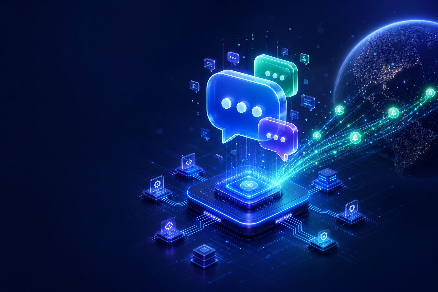 WhatsApp Business API 营销接口示意图：3D 对话气泡浮于 API 节点网络之上