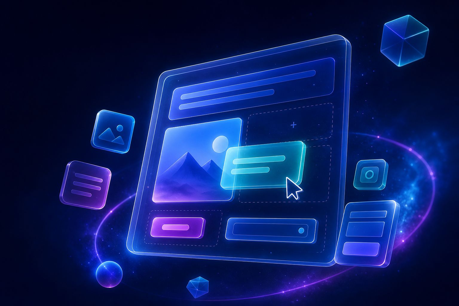 Landing Page Builder 落地页搭建工具概念图：玻璃质感拖拽画布与页面区块组装
