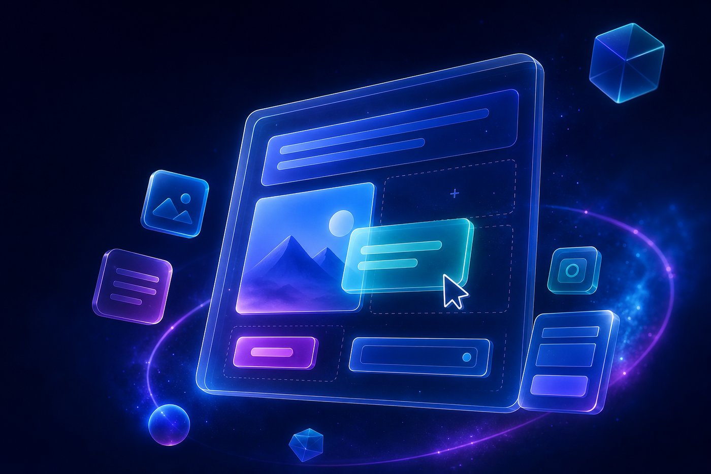 Landing Page Builder 落地页搭建工具概念图:玻璃质感拖拽画布与页面区块组装