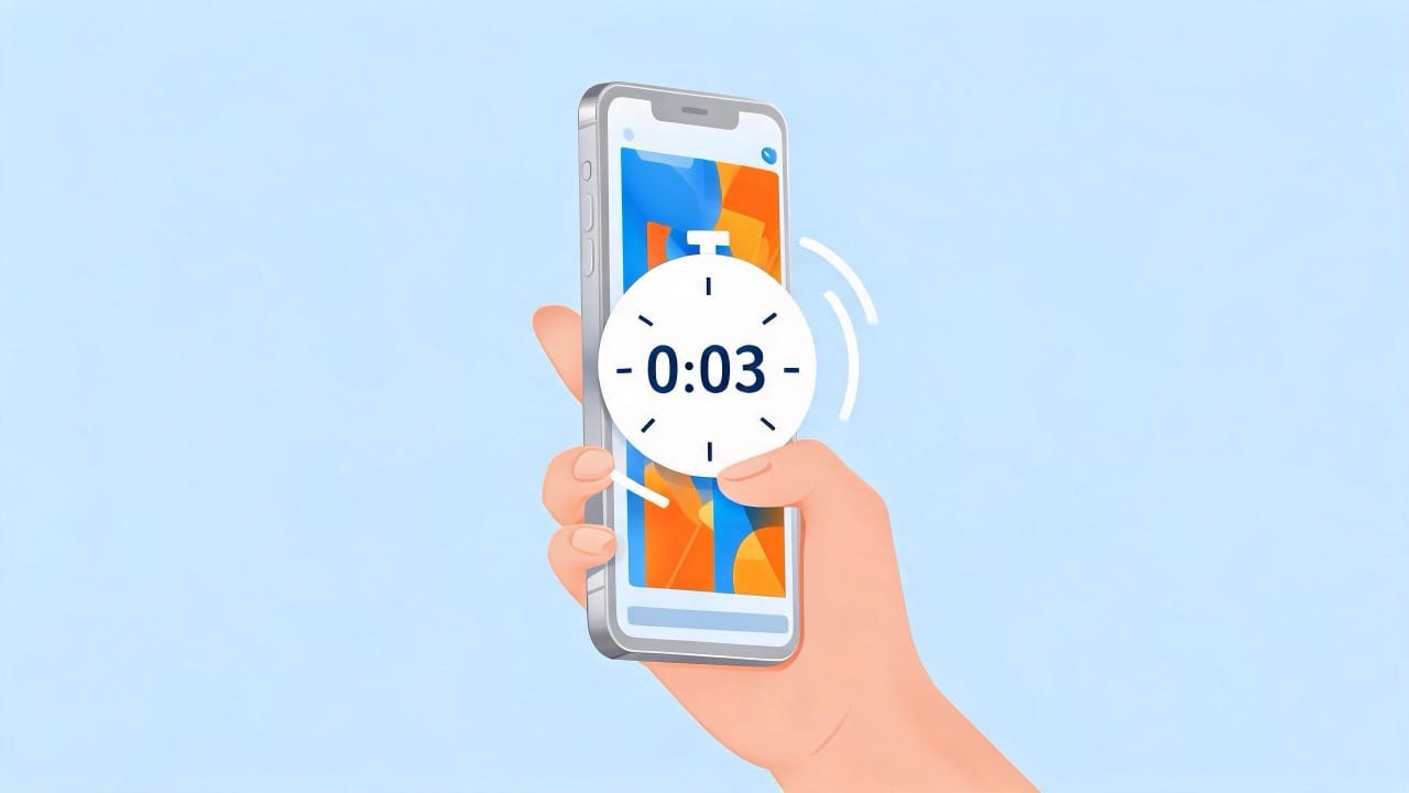 Ad hook in the first 3 seconds: phone with a 0:03 stopwatch over a video ad