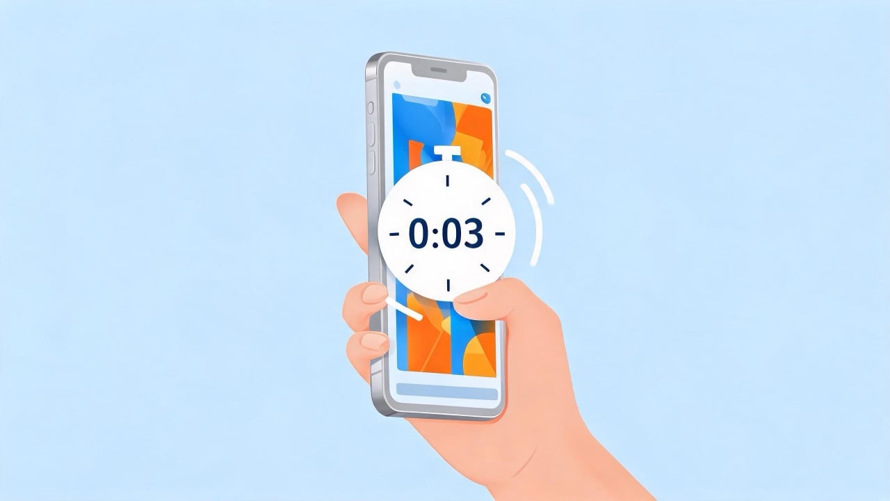 Ad hook in the first 3 seconds: phone with a 0:03 stopwatch over a video ad