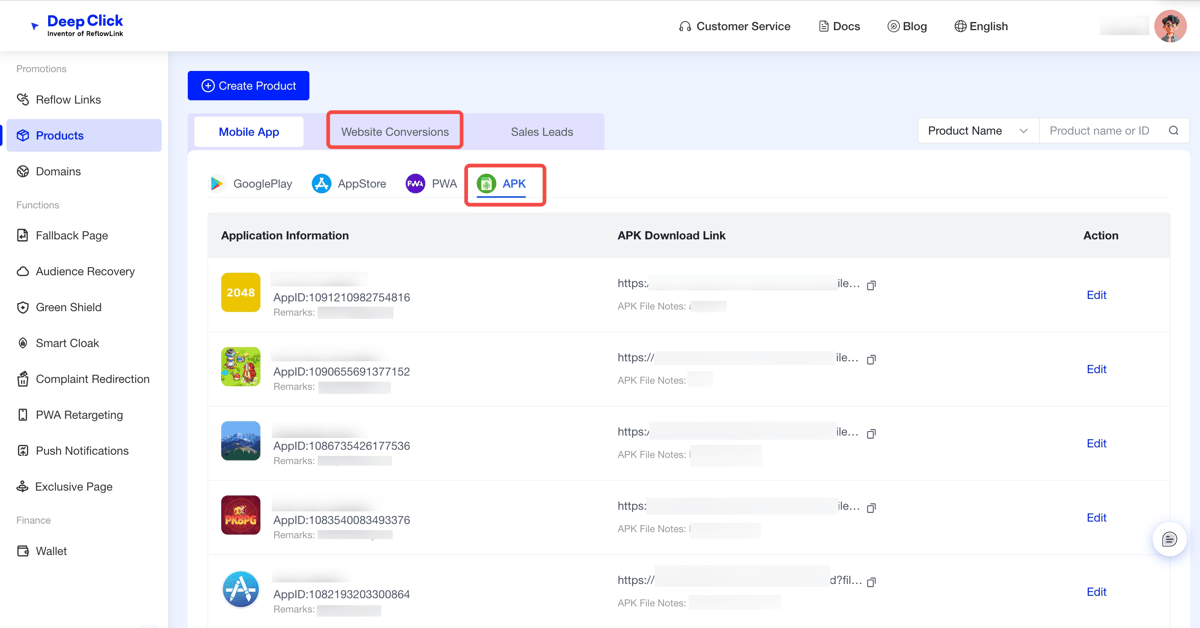 DeepClick Console sidebar: locating the Products module under Promotions, with Mobile Apps / Website Conversion tabs on the right