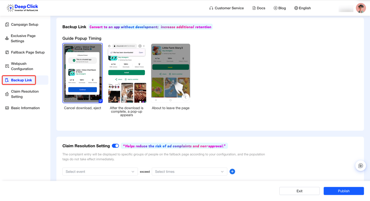Reflow Link editor left tabs: Campaign Setup / Exclusive Page Settings / Fallback Page Setup / Webpush Configuration / Backup Link (selected) / Claim Resolution Setting / Basic Information