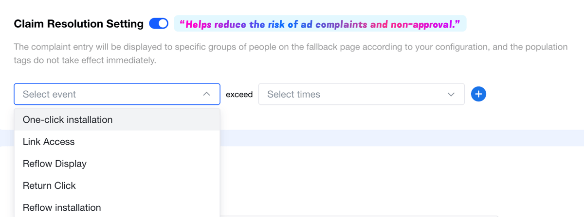 Complaint Redirection Settings expanded after toggle on, with event dropdown, count dropdown, and add button
