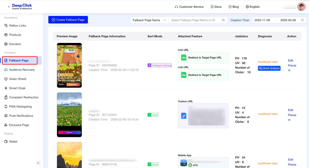 DeepClick Platform left sidebar showing Fallback Page entry under Campaign Management