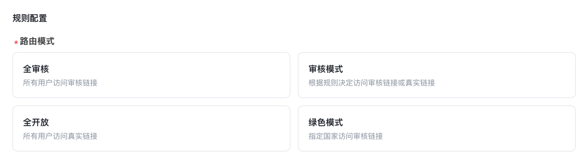 智能斗篷的 4 种路由模式：全审核、审核模式、全开放、绿色模式的功能对照