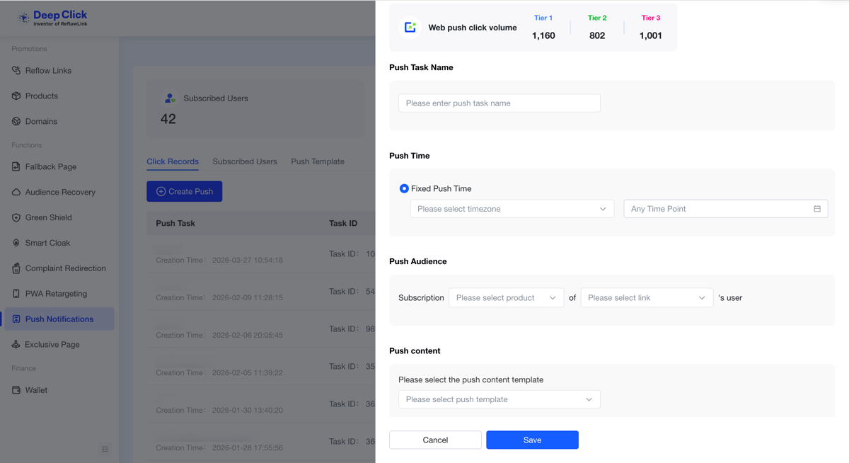Create a push task: WebPush clicks and task settings