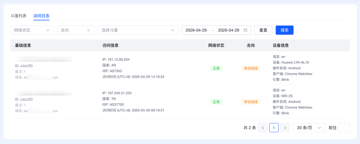 智能斗篷访问日志页：每条访问记录的 IP、归属国家、ISP、网络状态、分流去向与设备信息