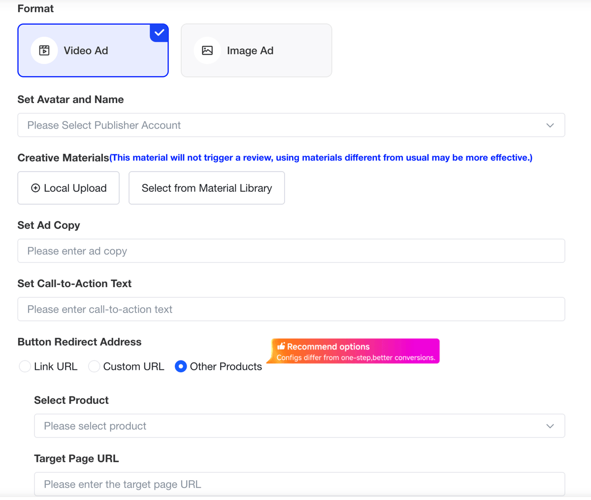 Per-page creative configuration with format, avatar, creative asset, ad copy, action copy, and navigation target fields