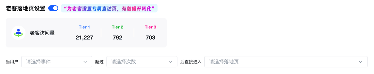 老客落地页触发条件配置：当用户某项指标超过指定次数后直接进入选定的老客落地页