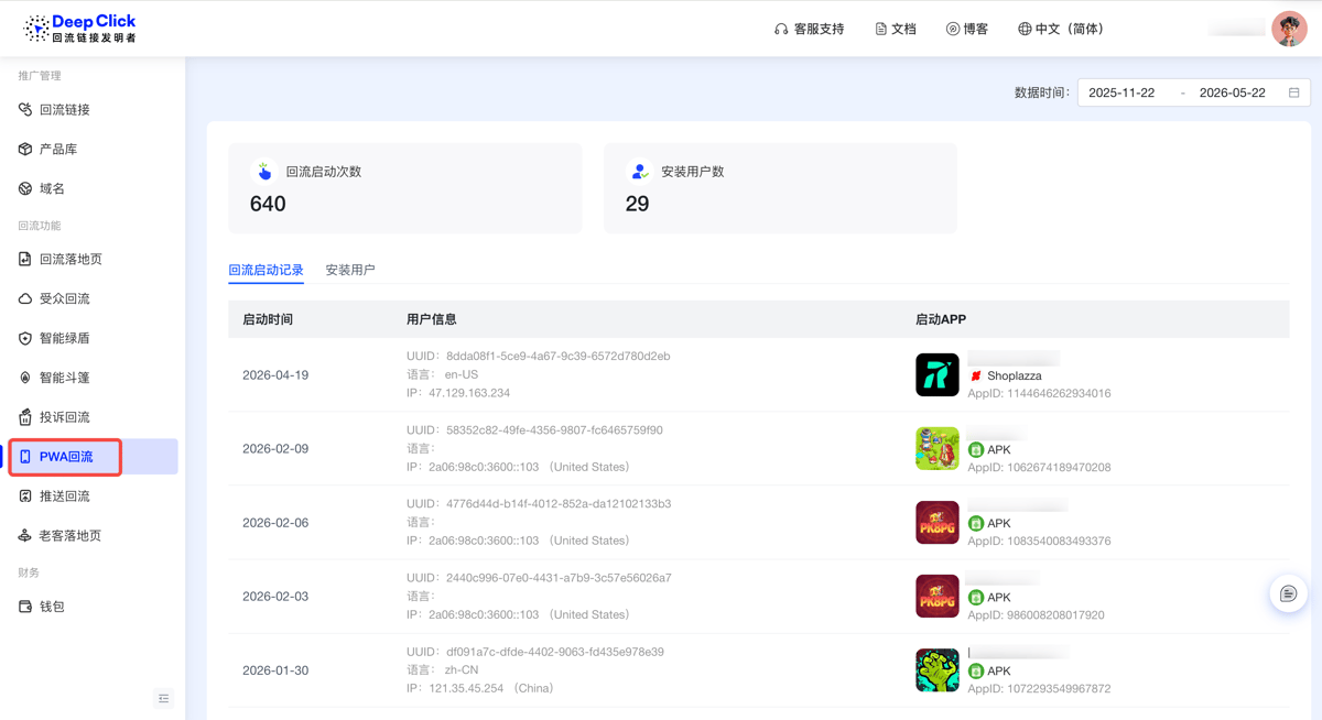 PWA 回流数据看板：回流启动次数和安装用户数两张统计卡片 + 回流启动记录列表展示用户 UUID、语言、IP、启动 APP 等明细