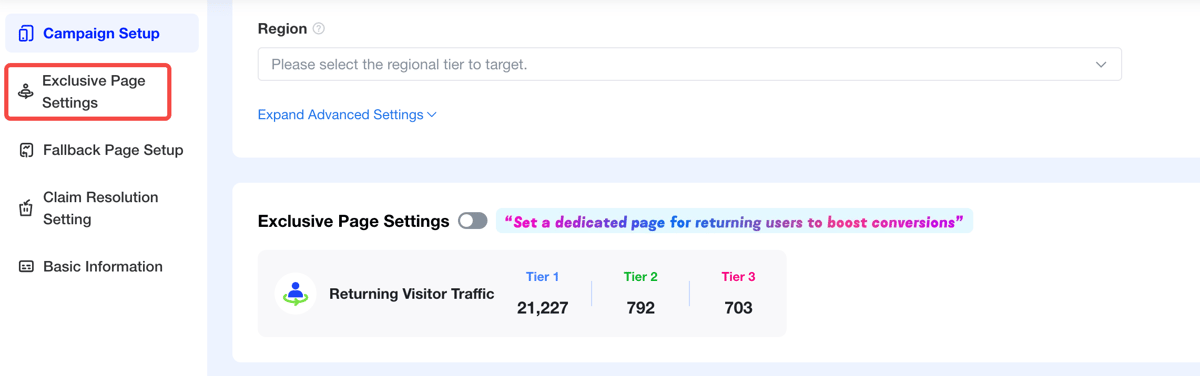 ReflowLink editor: 5 tabs with Exclusive Page Settings highlighted as the second