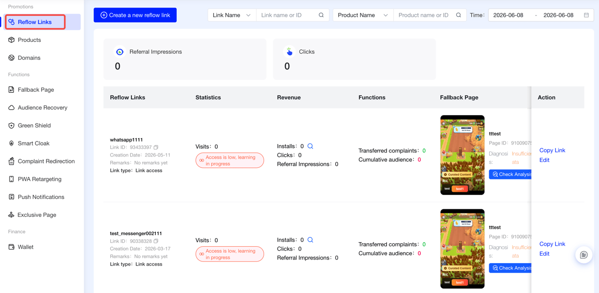 DeepClick console left navigation: Return Links entry