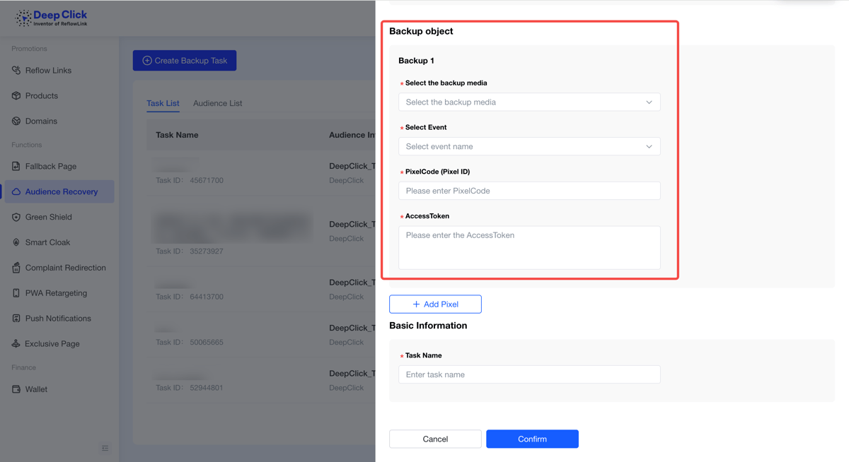 The backup target config: Facebook media, reported event, PixelCode and AccessToken