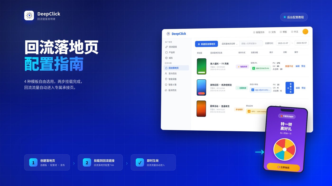 回流落地页配置指南封面：DeepClick 平台后台界面截图（含落地页列表、表格、诊断状态），右侧手机展示用户实际看到的转盘抽奖回流落地页，底部展示三步配置流程